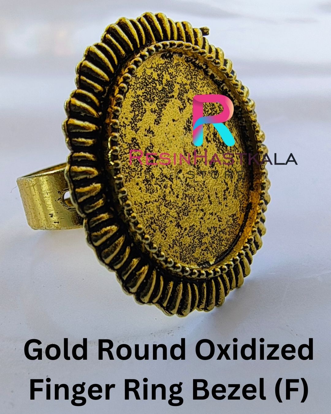 Gold Round Oxidized Finger Ring Bezel (F)