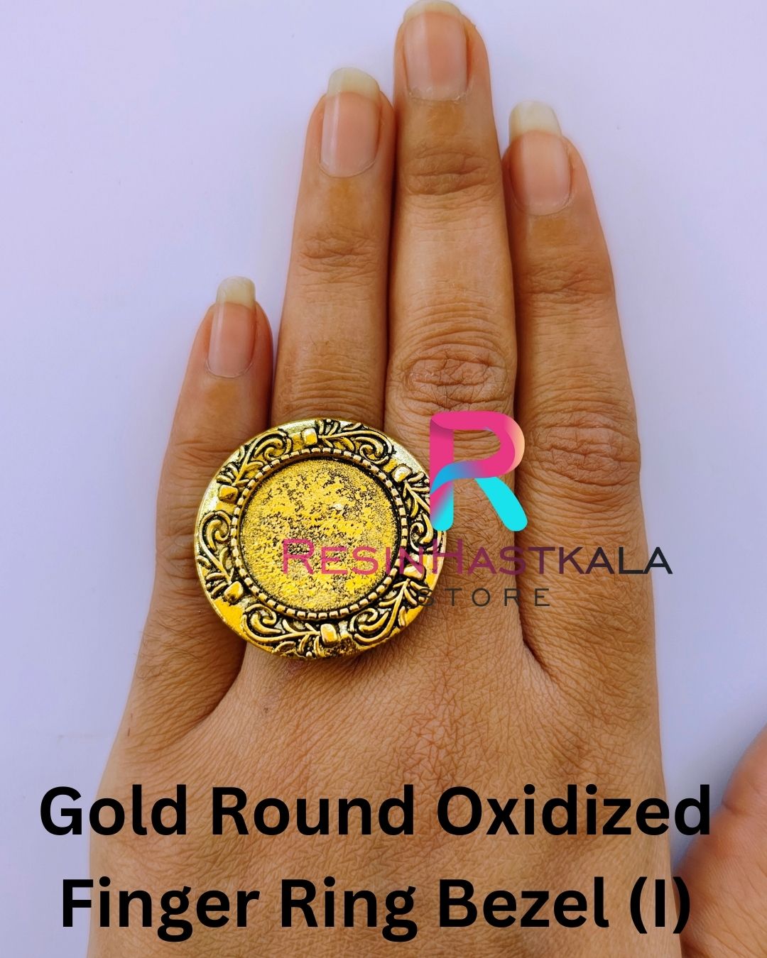 Gold Round Oxidized Finger Ring Bezel (I)