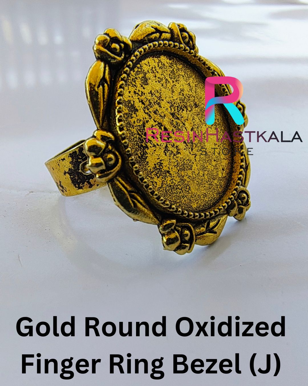 Gold Round Oxidized Finger Ring Bezel (J)