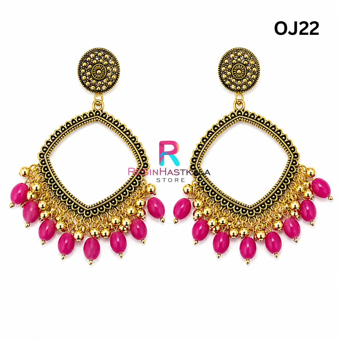 Gold Square Earring Bezel / Jhumka with Beads (OJ22)