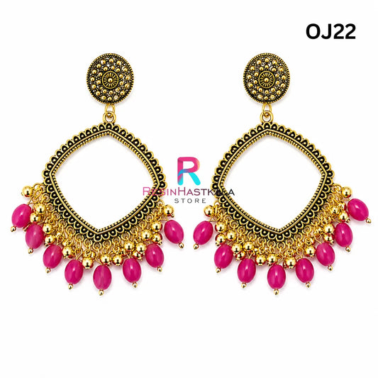Gold Square Earring Bezel / Jhumka with Beads (OJ22)