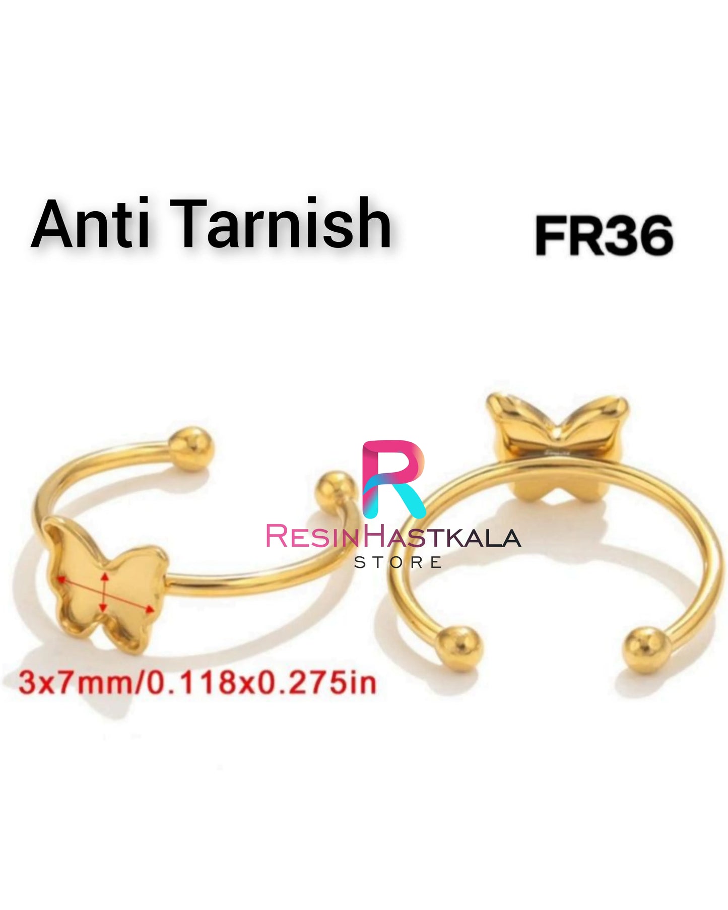 Golden Butterfly Finger Ring Bezel (3*7 MM) (Anti Tarnish)