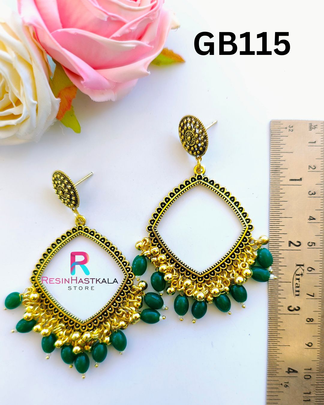 Golden Earring Bezel / Jumkha With Green Beads D (GB115)