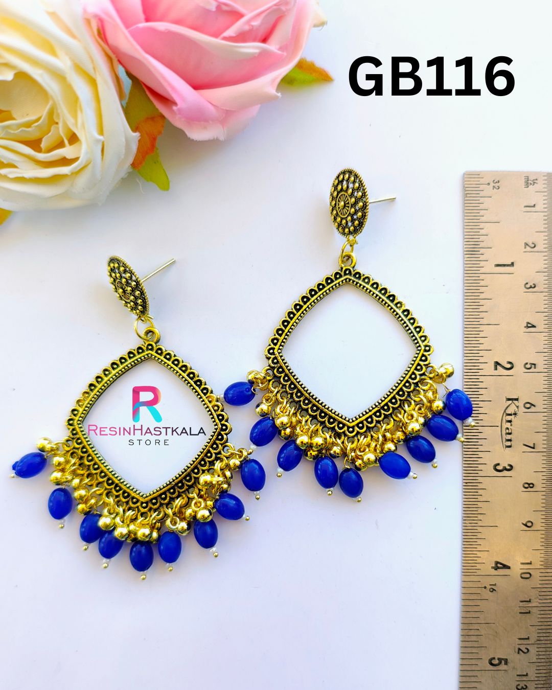 Golden Earring Bezel / Jumkha With Blue Beads D (GB116)