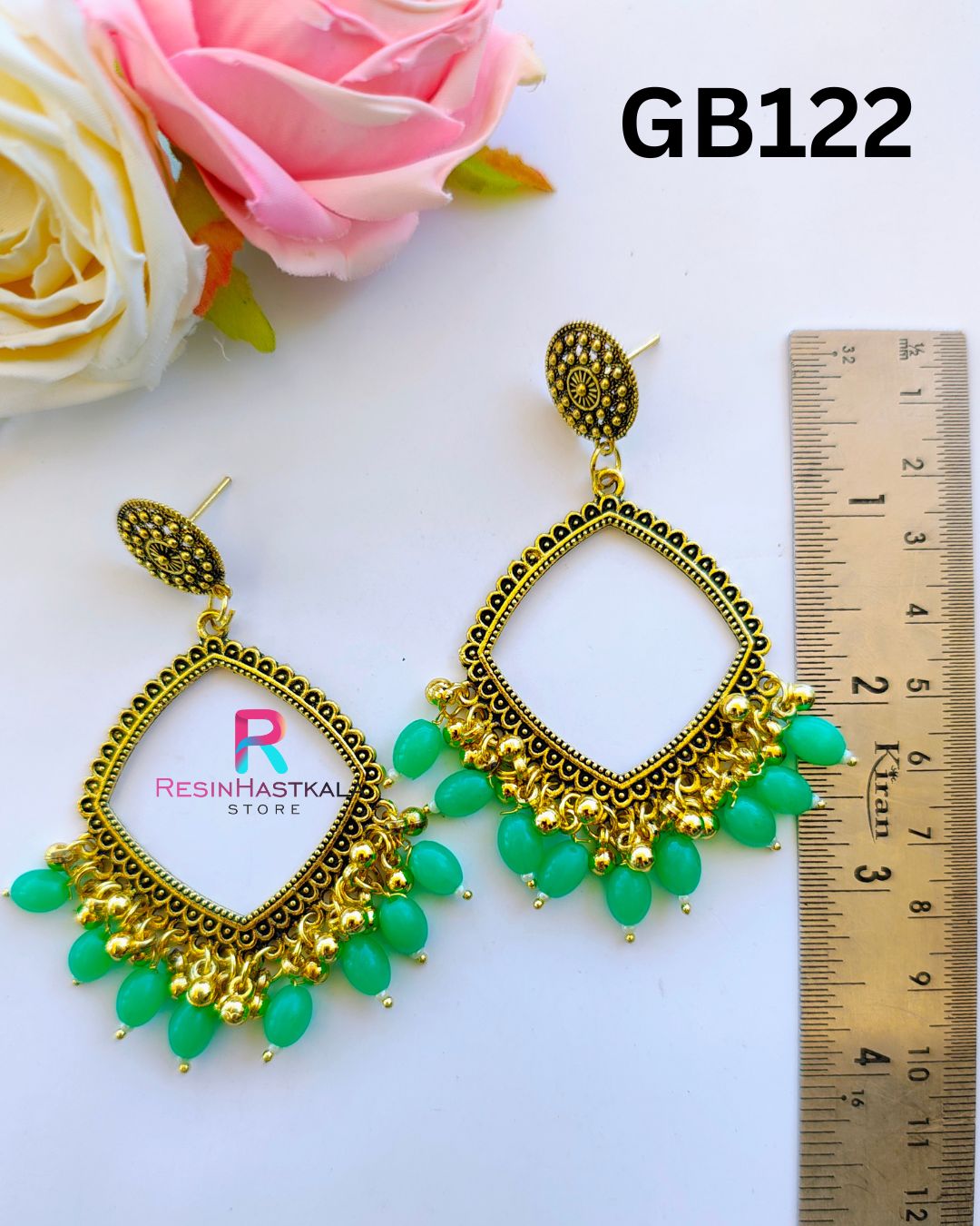 Golden Earring Bezel / Jumkha With Green Beads D (GB122)
