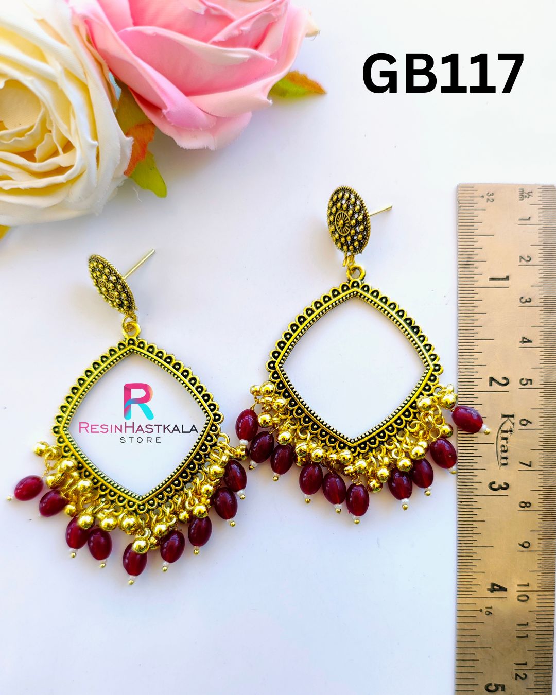 Golden Earring Bezel / Jumkha With Maroon Beads D (GB117)
