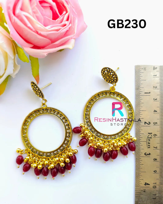Golden Round Earring Bezel / Jumkha With Beads (GB230)