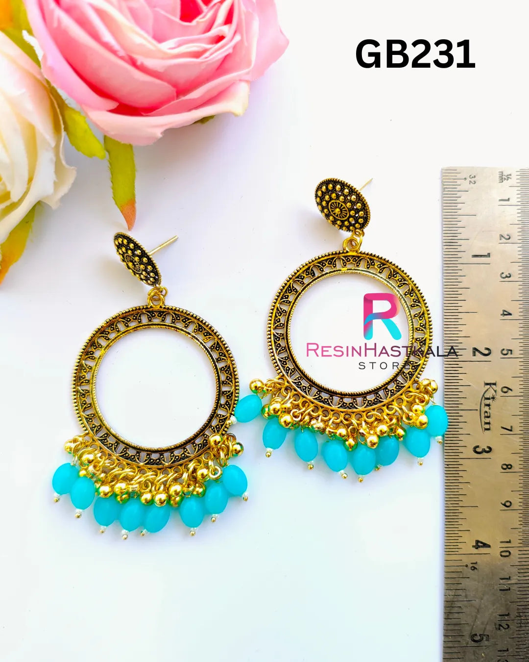 Golden Round Earring Bezel / Jumkha With Beads (GB231)