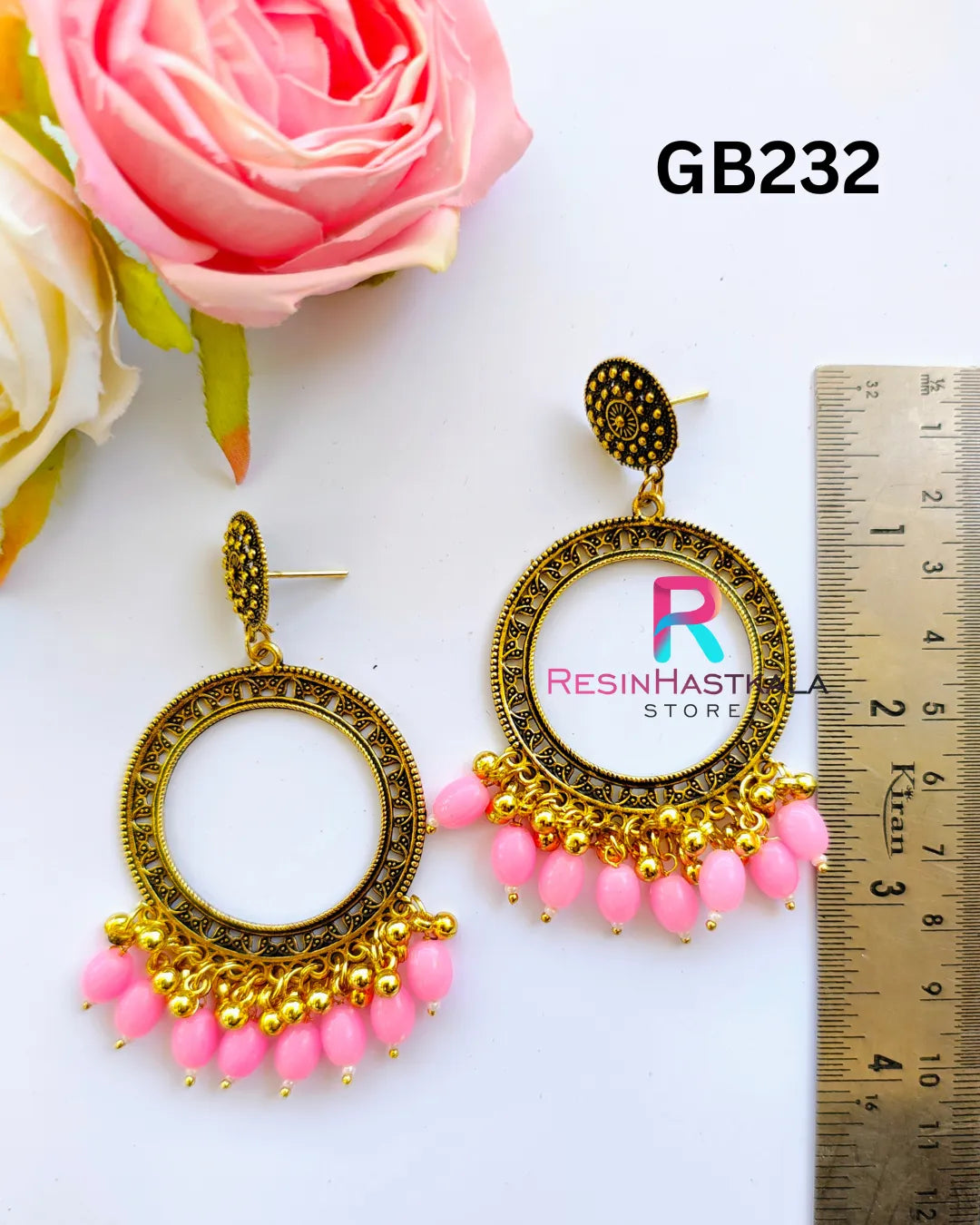 Golden Round Earring Bezel / Jumkha With Beads (GB232)