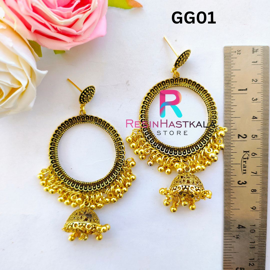 Golden Round Earring Bezel/Jumkha With Jumar (GG01)
