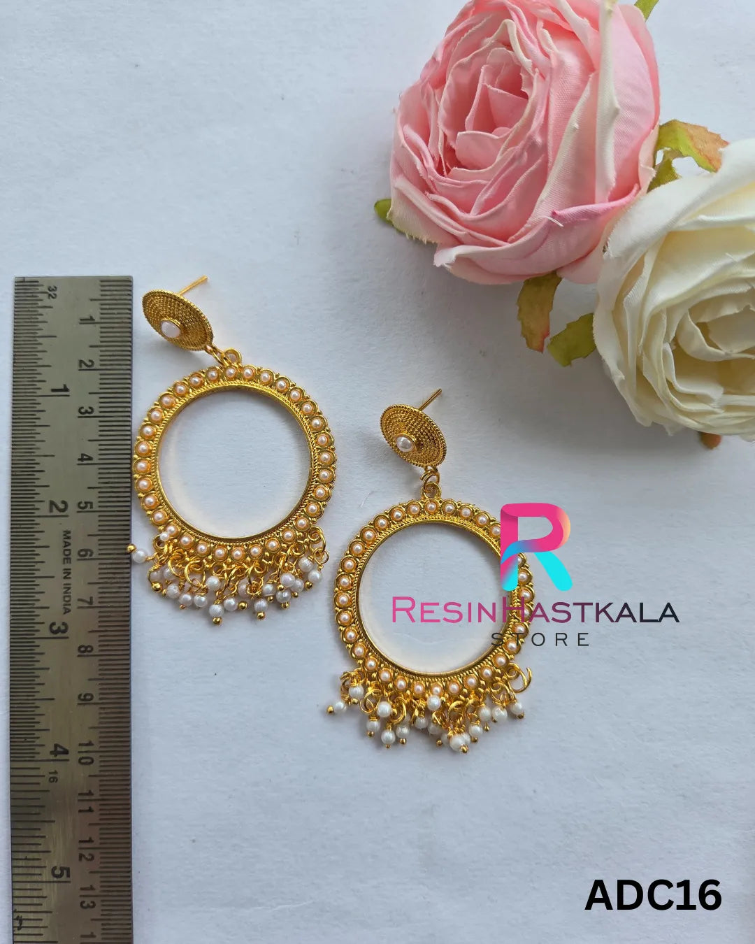 Golden Round Earring Jumkha With White Beads (ADC16)