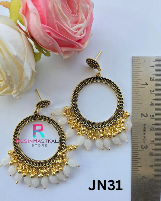 Golden Round Jhumka with White Beads (JN31)