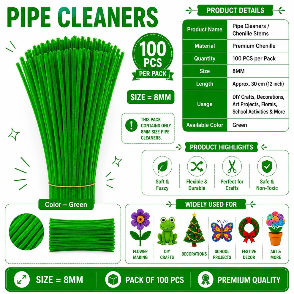 8 mm Premium Pipe Cleaners for Flower Making &  Diy Crafts Projects  – 100 Pcs (Approx.)