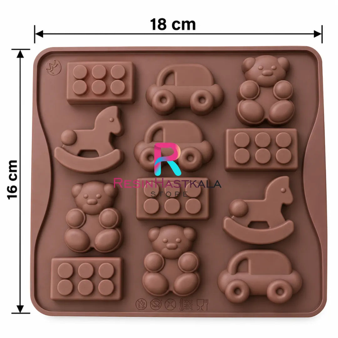 11 Cavity Mixed Car, Teddy & Other Designs Mould for Concrete, Chocolate, Cake, Resin & DIY Toy Making