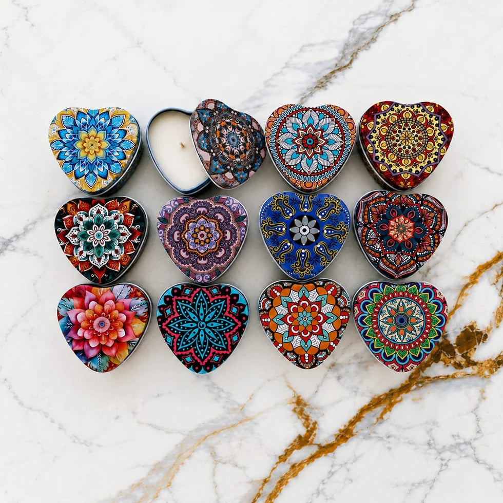 Empty Heart Mandala Art Tin Jar – 1 Piece (Random Colour Only) Size - 7*7*3.5 Cm