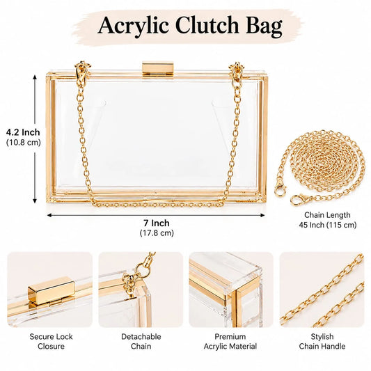 Imported Quality Transparent  Acrylic Clutch Bag with Golden Chain for Resin Art