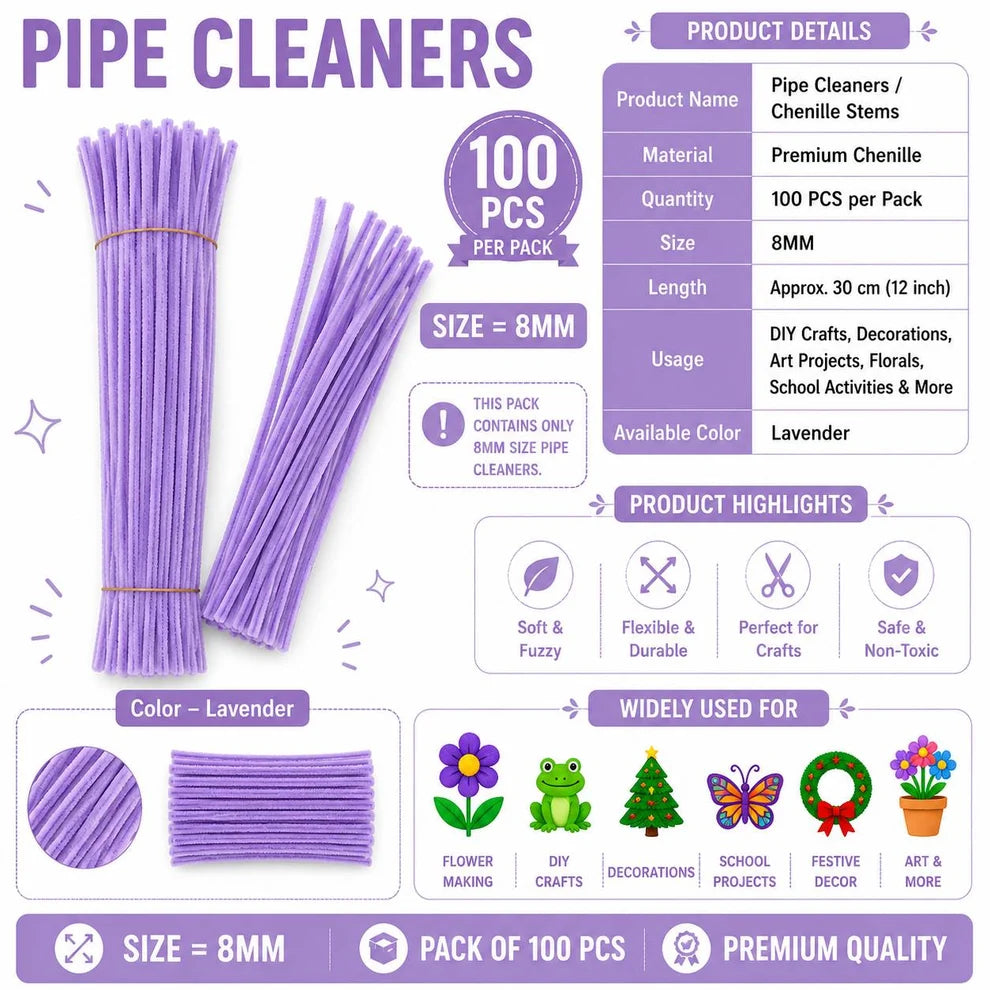 8 mm Premium Pipe Cleaners for Flower Making &  Diy Crafts Projects  – 100 Pcs (Approx.)