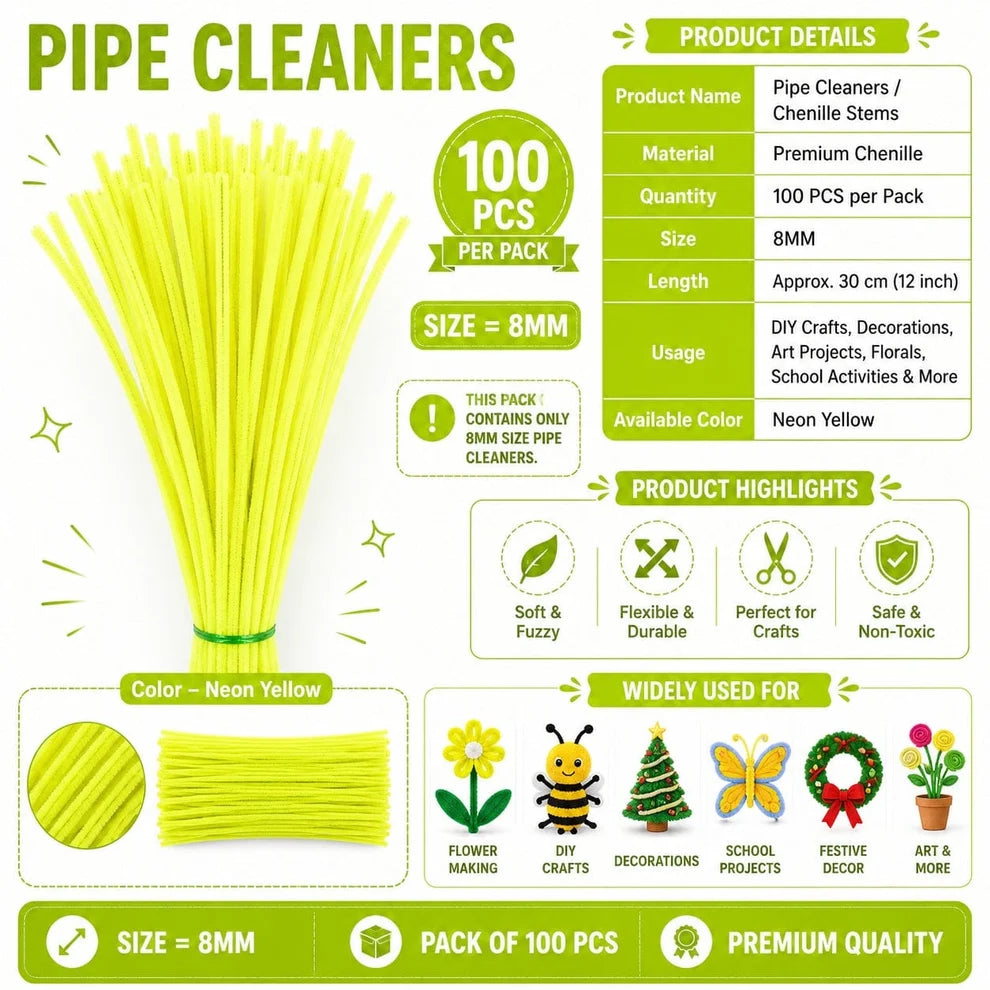 8 mm Premium Pipe Cleaners for Flower Making &  Diy Crafts Projects  – 100 Pcs (Approx.)