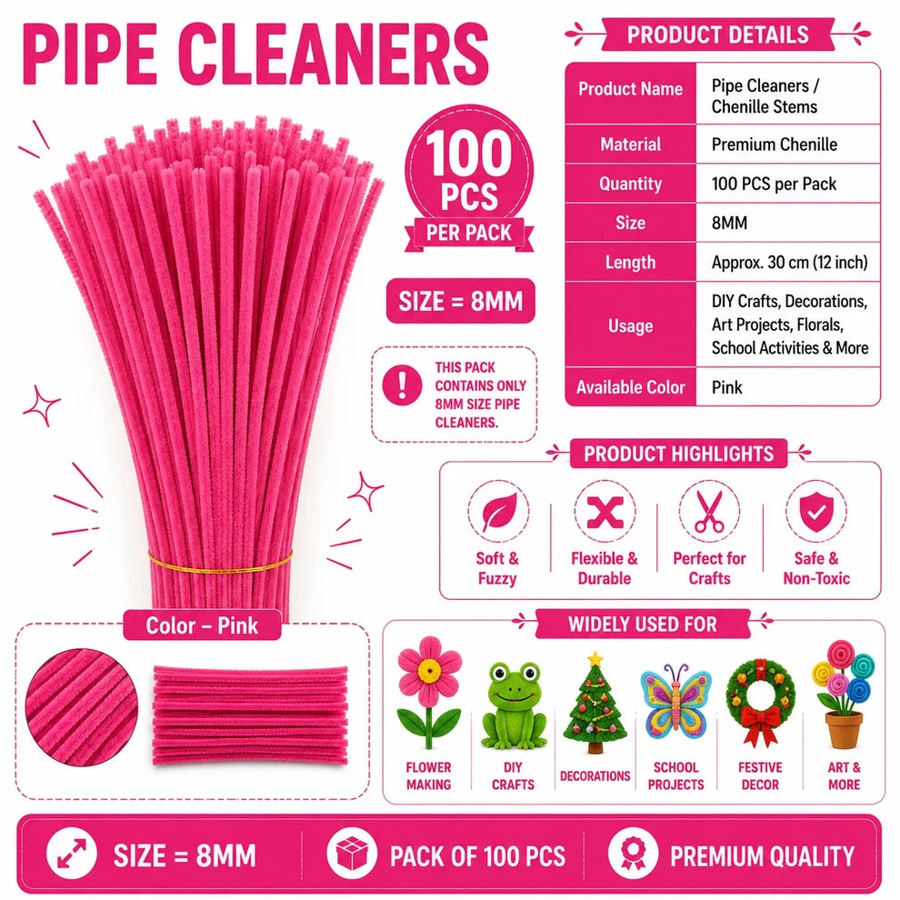 8 mm Premium Pipe Cleaners for Flower Making &  Diy Crafts Projects  – 100 Pcs (Approx.)