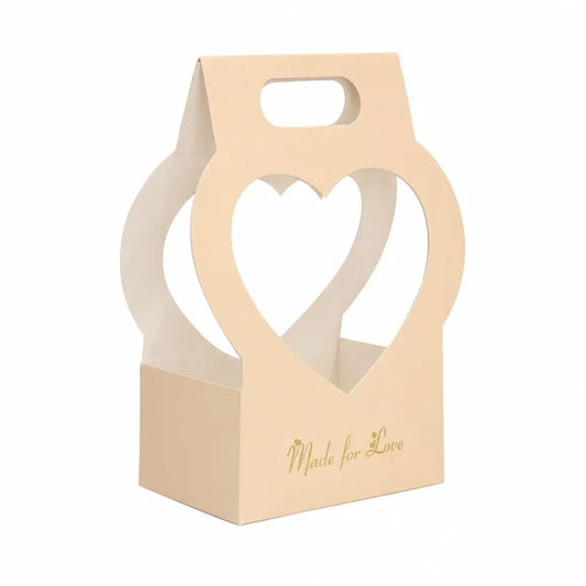 Premium Beige Heart Window Gift Packaging Box with Handle for Gifts & Flower Arrangements