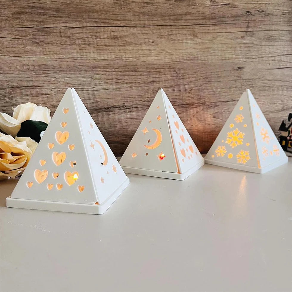 Pyramid Tealight Candle Holder Mould – Heart, Moon & Snowflake Design for Resin & Concrete Art