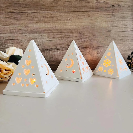 Pyramid Tealight Candle Holder Mould – Heart, Moon & Snowflake Design for Resin & Concrete Art