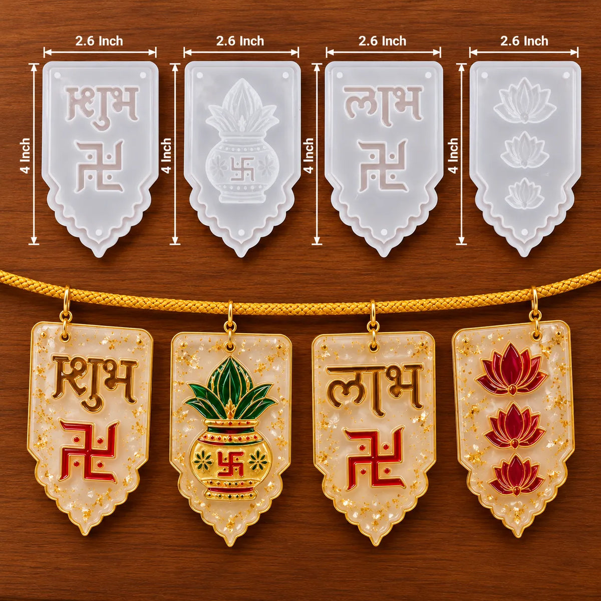 Set of 4 Decorative Toran Moulds for Resin – Shubh Labh, Lotus, Kalash & Swastik Designs