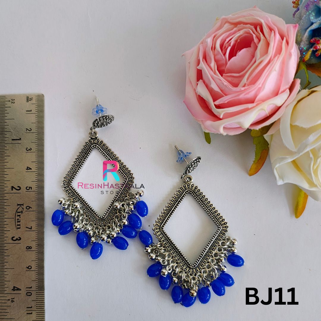 Silver Earring Bezel/Jumkha With Blue Beads (BJ11)
