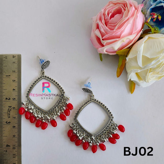 Silver Earring Bezel/Jumkha With Red Beads (BJ02)
