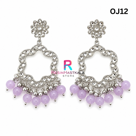 Silver Flower Earring Bezel/Jumkha With Mirror Beads (OJ12)