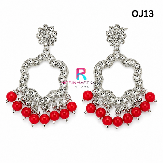 Silver Flower Earring Bezel / Jumkha With Mirror Beads (OJ13)