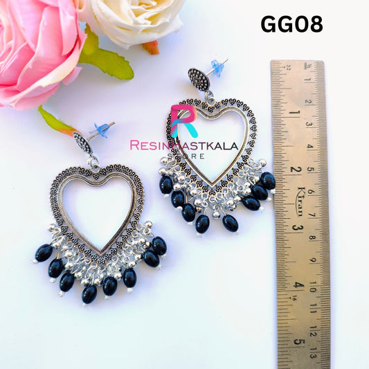 Silver Heart Earring Bezel/Jumkha With Black Beads (GG08)