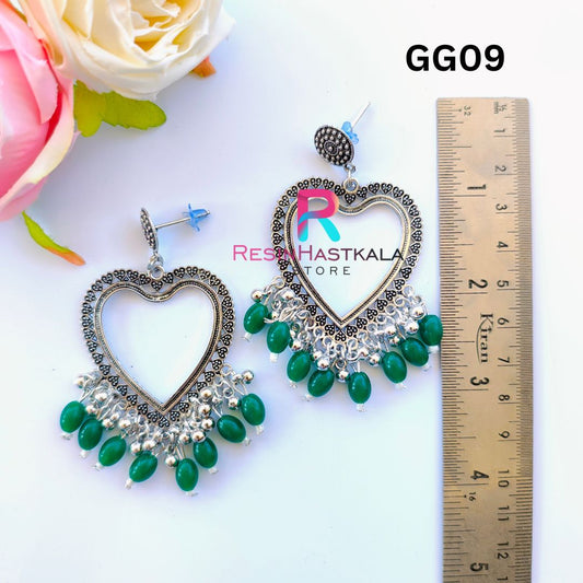 Silver Heart Earring Bezel/Jumkha With Green Beads (GG09)