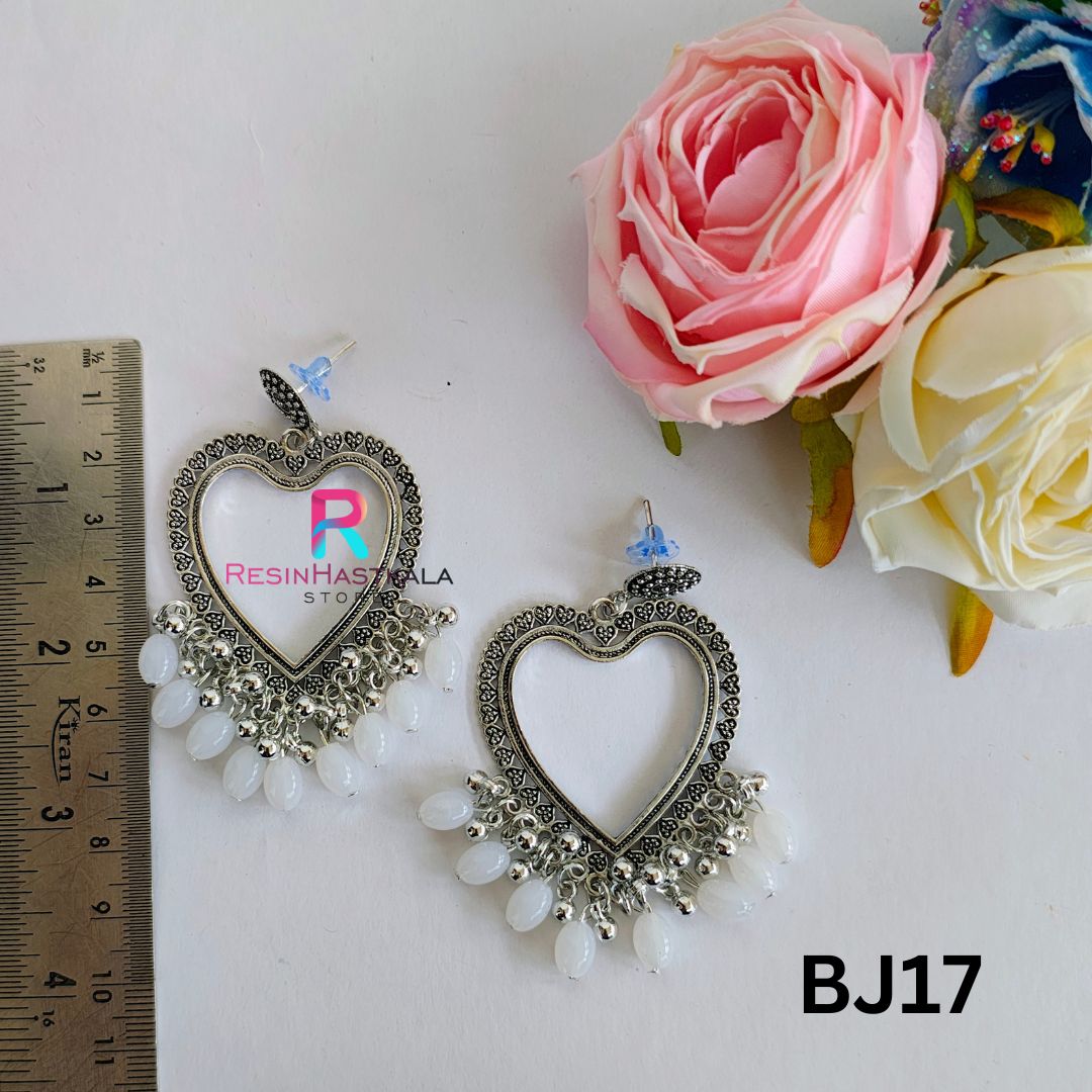 Silver Heart Earring Bezel/Jumkha With White Beads (BJ17)