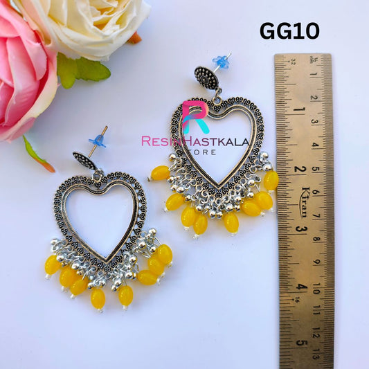 Silver Heart Earring Bezel/Jumkha With Yellow Beads (GG10)