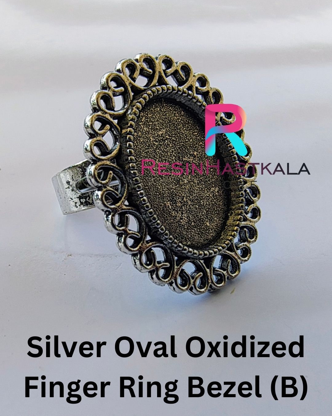 Silver Oval Oxidized Finger Ring Bezel (B)