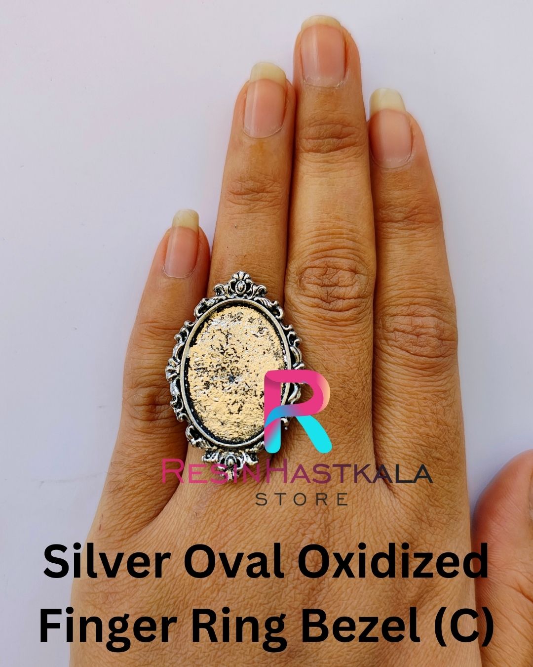 Silver Oval Oxidized Finger Ring Bezel (C)