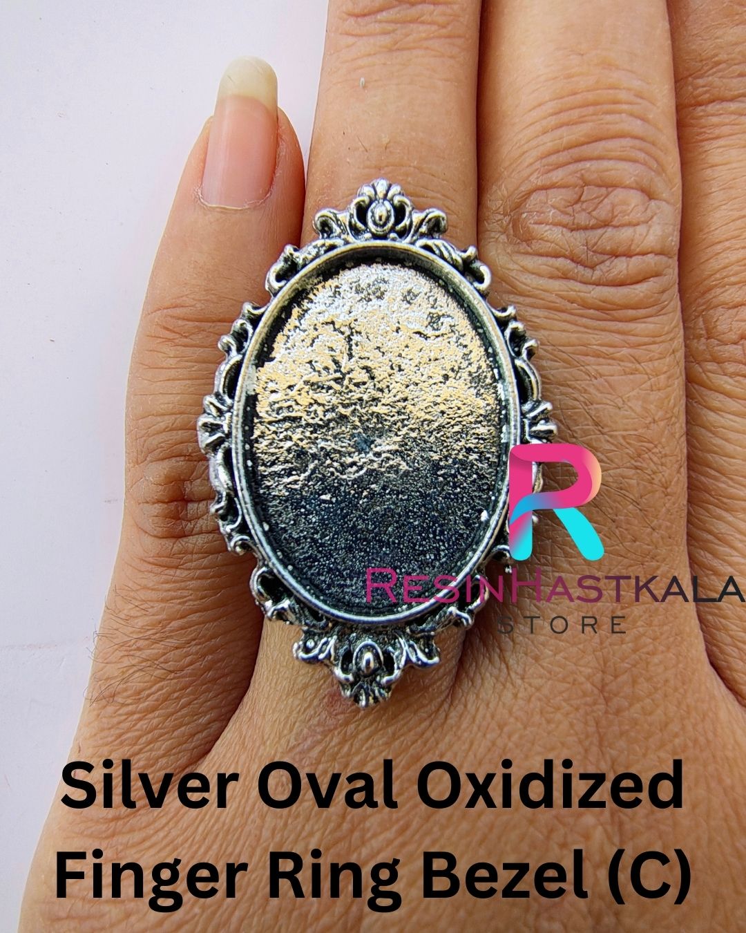 Silver Oval Oxidized Finger Ring Bezel (C)