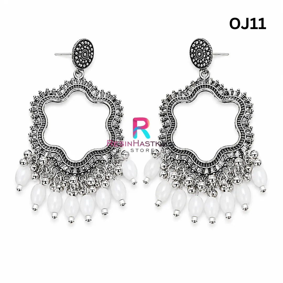 Silver Flower Earring Bezel / Jhumka with Beads (OJ11)