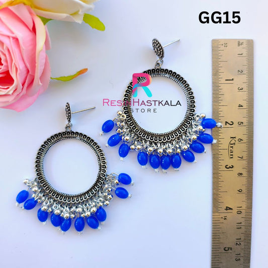 Silver Round Earring Bezel/Jumkha With Blue Beads (GG15)