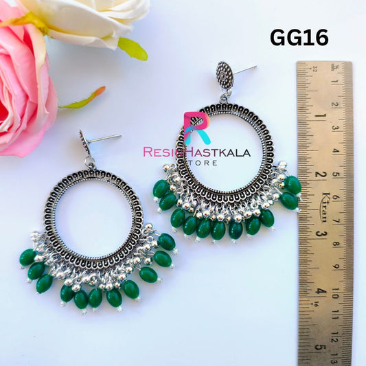Silver Round Earring Bezel/Jumkha With Green Beads (GG16)