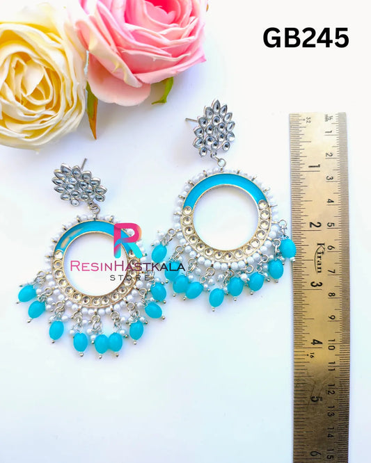 Silver Round Mirror Earring Jumkha With Blue Beads (GB245)