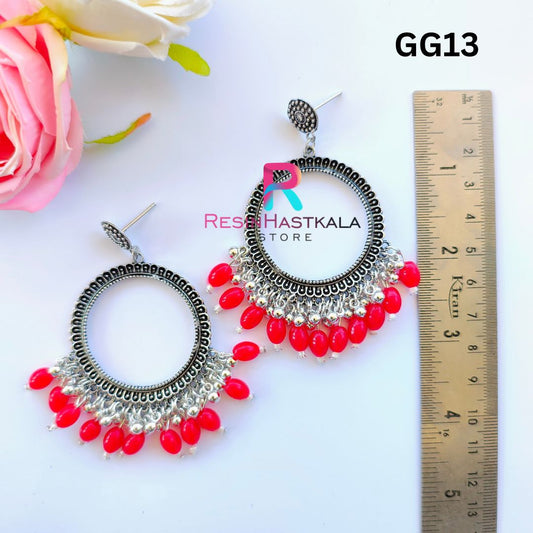 Silver Round Earring Bezel/Jumkha With Red Beads (GG13)