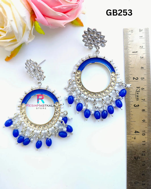 Silver Round Mirror Earring Jumkha With Dark Blue Beads (GB253)