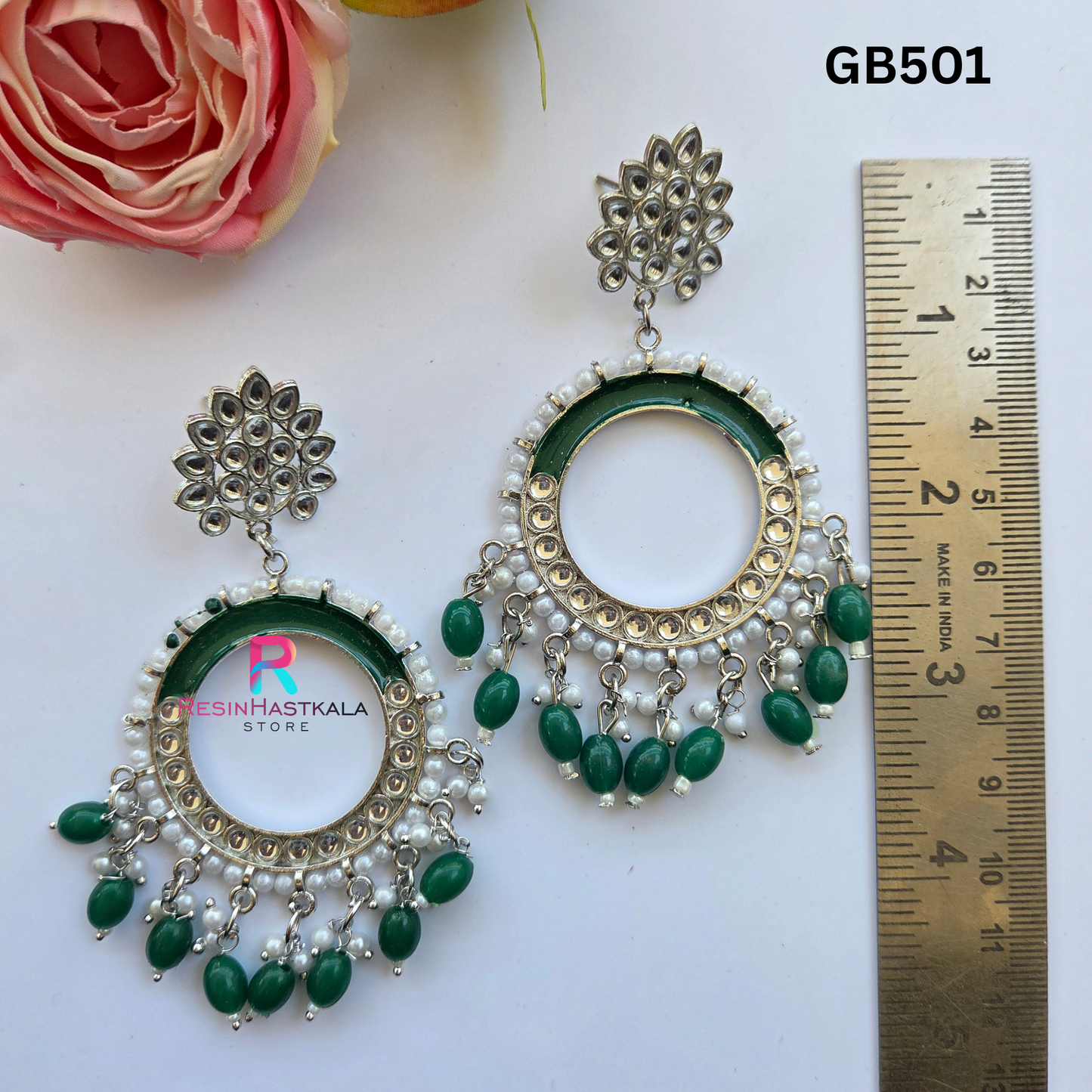 Silver Round Mirror Earring Jumkha With Dark Green Beads (GB501)