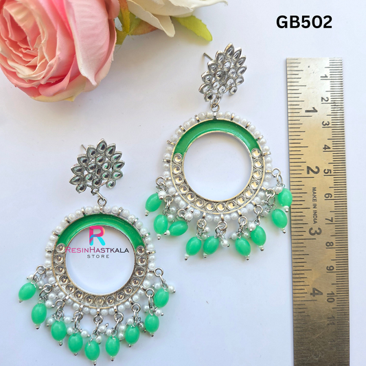 Silver Round Mirror Earring Jumkha With Dark Light Beads (GB502)