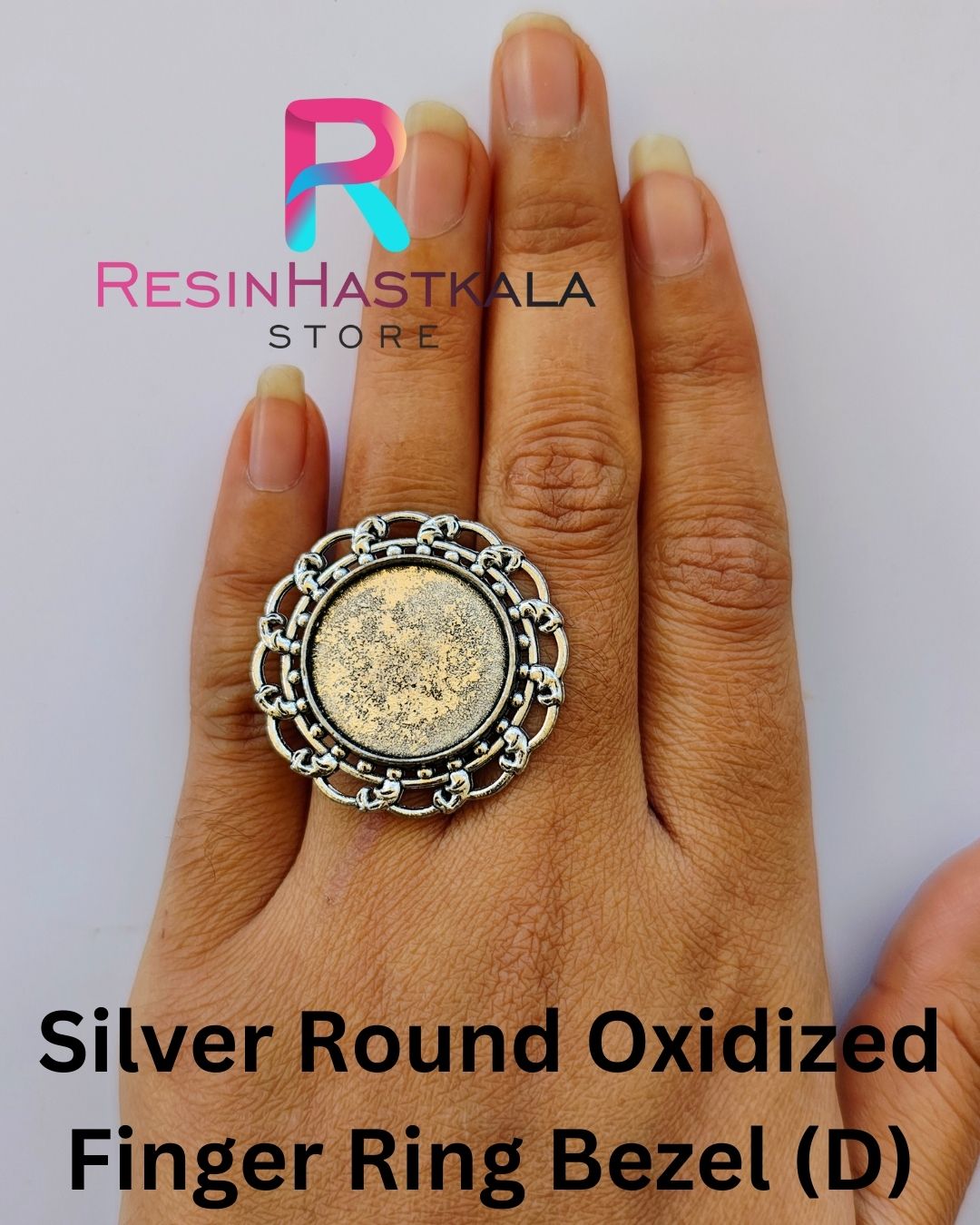 Silver Round Oxidized Finger Ring Bezel (D)