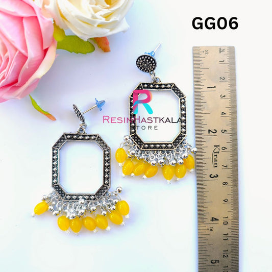 Silver Sqaure Earring Bezel/Jumkha With Yellow Beads (GG06)
