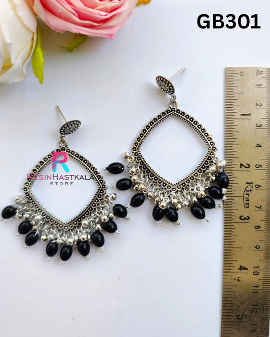 Silver Square Earring Bezel / Jumkha With Black Beads (GB301)