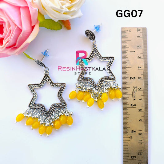 Silver Star Earring Bezel/Jumkha With Yellow Beads (GG07)